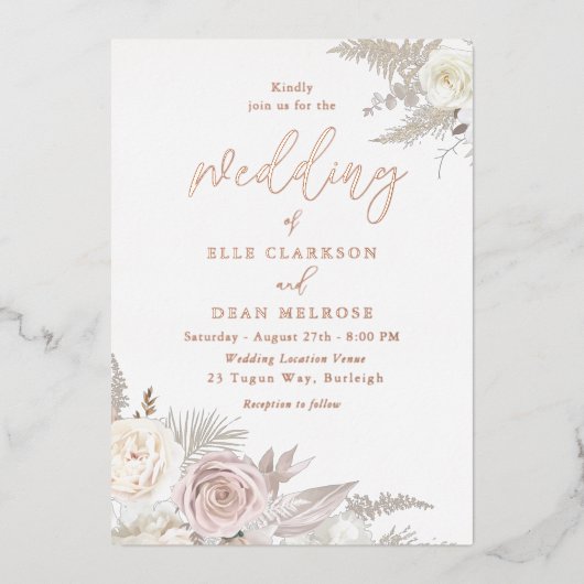 Stoffige Roos & Ivoren Witte Bloemige Trouwring Ro Folie Uitnodiging (Voorkant)