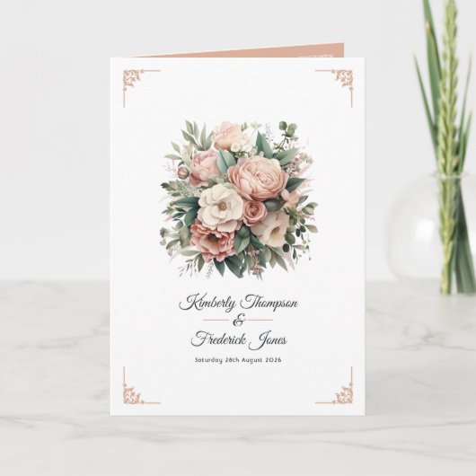 Stoffige Roos, Mintgroene en Blush Bloemen Bruilof Programma (Voorkant)
