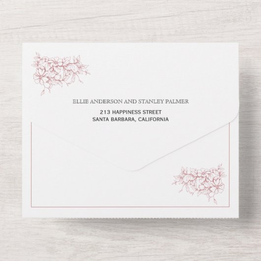 stoffige roos roze heraldische crèmebruiloft all in one uitnodiging (Achterkant)