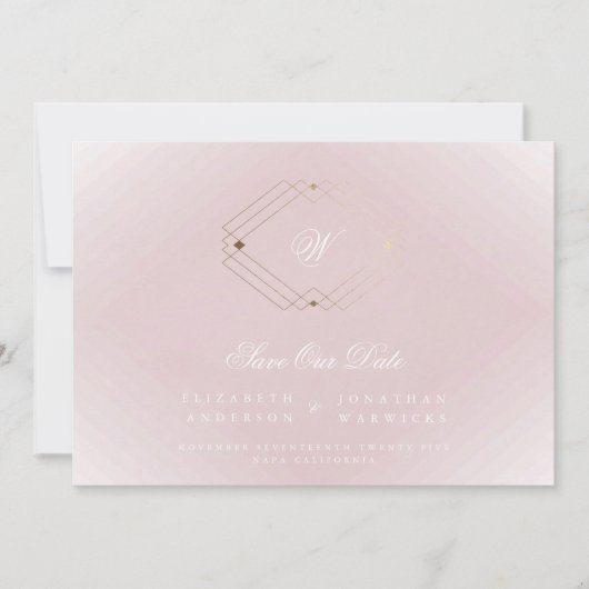 stoffige roos roze klassieke deco goudfoto save the date (Voorkant)