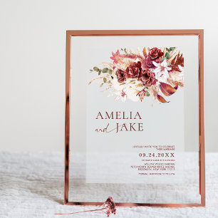 Stoffige Rosewood & Burgundy Blush Bloemen Bruilof Acryl Uitnodigingen