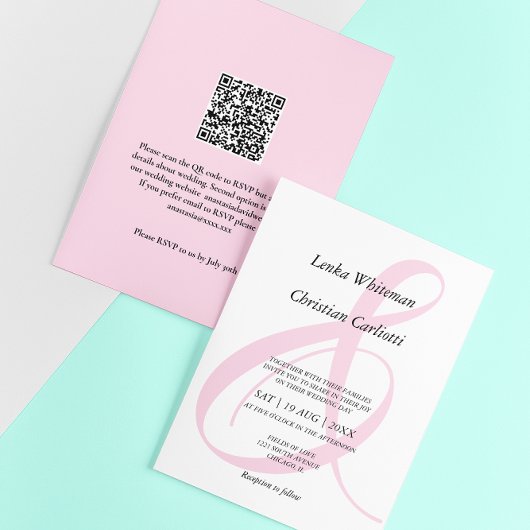 Stoffige Roze Ampersand QR-Code Trouwen Kaart