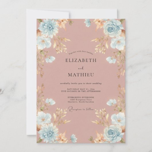 Stoffige Roze Aqua Ranunculus Eucalyptus Bruiloft Kaart (Voorkant)