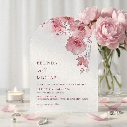 Stoffige Roze Aquarel Bloemen Witte Gebogen Trouwd Kaart