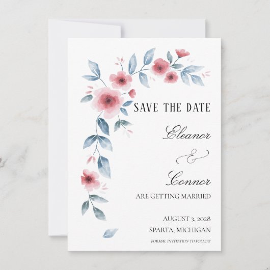 Stoffige Roze Aquarel Bloemige Save the Date (Voorkant)