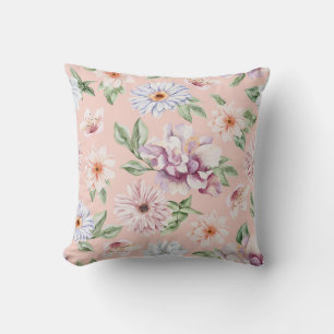 Stoffige Roze Aquarel Lavendel en Perzik Bloemmoti Kussen