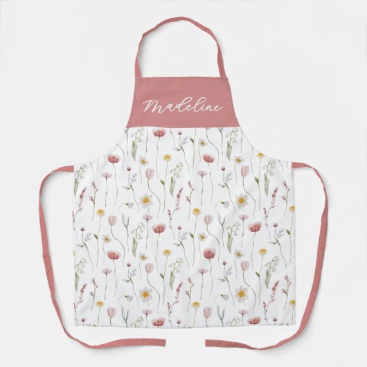 Stoffige Roze Aquarel Wilde Bloem Eigen Naam Schort (Voorkant)