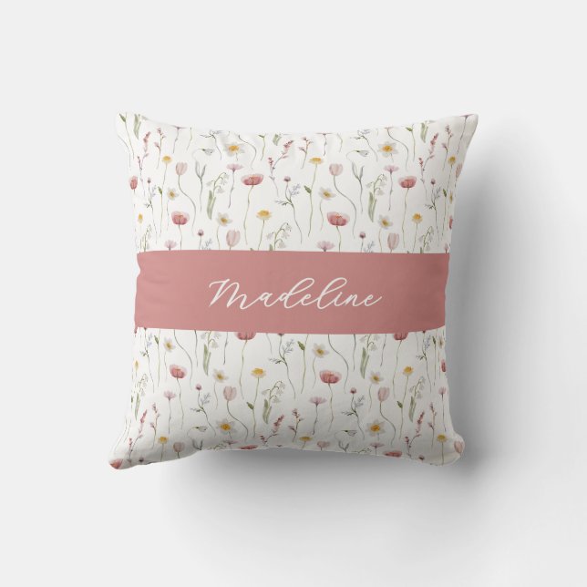 Stoffige Roze Aquarel Wilde Bloem Initiaal Naam Kussen (Achterkant)