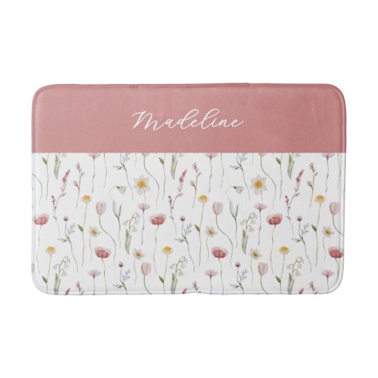 Stoffige Roze Aquarel Wilde Bloem Monogram Naam Badmat (Voorkant)