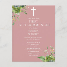 Stoffige Roze Blad Eerste Heilige Communie Uitnodi Briefkaart