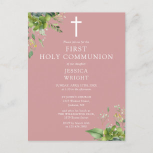 Stoffige Roze Blad Eerste Heilige Communie Uitnodi Briefkaart