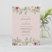 Stoffige Roze Bloeiende Bloemen Bruiloft Kaart (Staand voorkant)