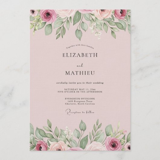 Stoffige Roze Bloeiende Bloemen Bruiloft Kaart (Voorkant)