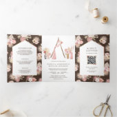 Stoffige Roze Bloem Boho Arbor Hout QR Code Trouwe Drieluik Uitnodiging (Binnen)