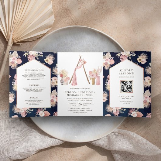 Stoffige Roze Bloem Boho Arbor Navy QR Code Trouwe Drieluik Uitnodiging