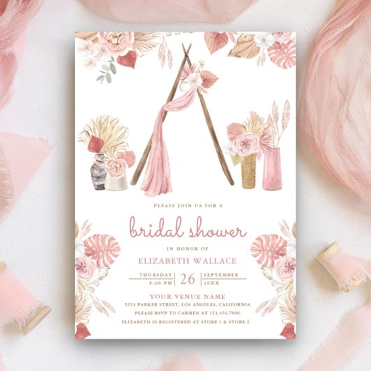 Stoffige Roze Bloem Boho Strandprieel Bruidsuitnod Kaart