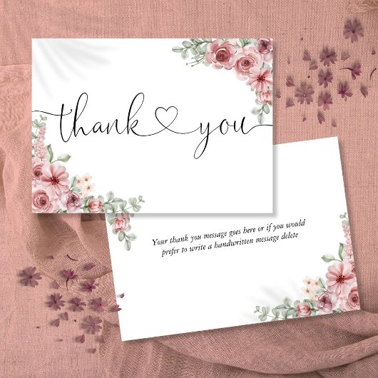 Stoffige Roze Bloem Elegant Script Hart Bedankkaart
