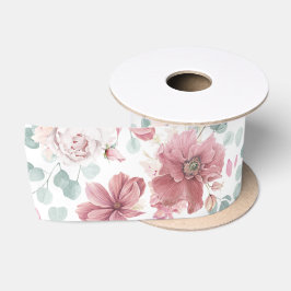 Stoffige Roze Bloem en Groene Patroon Elegant Satijnen Lint
