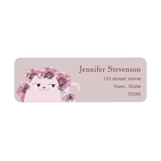 Stoffige Roze Bloem Kat Retouradres Etiket (Voorkant)