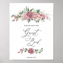 Stoffige Roze Bloemachtig Bruiloftsfeest Gastboek Poster