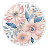 Stoffige Roze Bloemen Blauw Beige Boho Bloemen Keramische Knop (Voorkant)