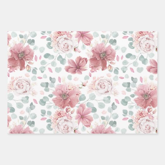 Stoffige roze bloemen Elegant botanisch patroon Inpakpapier Vel (Voorkant 3)