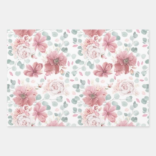 Stoffige roze bloemen Elegant botanisch patroon Inpakpapier Vel (Voorkant 2)