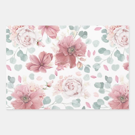 Stoffige roze bloemen Elegant botanisch patroon Inpakpapier Vel (Voorkant)