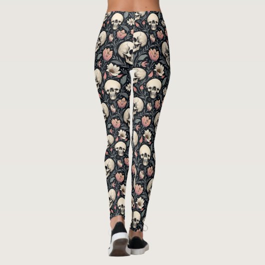 Stoffige roze bloemen en schedels leggings (Achterkant)