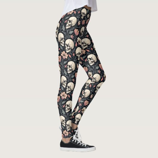 Stoffige roze bloemen en schedels leggings (Rechts)