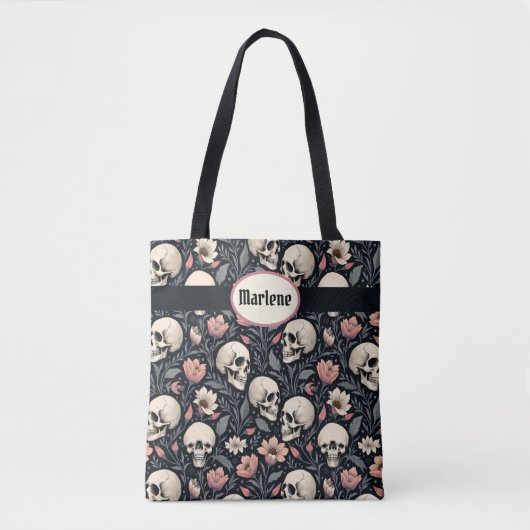 Stoffige roze bloemen en schedels tote bag (Voorkant)