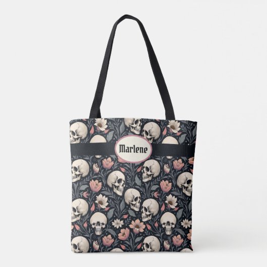 Stoffige roze bloemen en schedels tote bag (Achterkant)