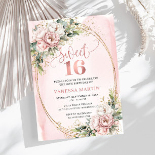 Stoffige Roze Bloemen Eucalyptus Sweet 16 Uitnodig Kaart