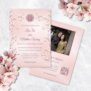 Stoffige Roze Bloemen   Foto QR Code Chinese Huwel Kaart