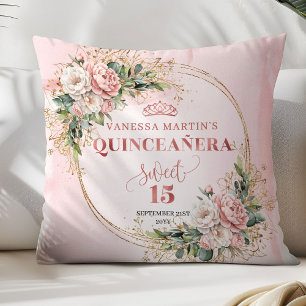 Stoffige Roze Bloemen Groene Sweet 15 Kussen Cadea
