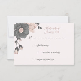 stoffige roze bloemen, knoppen en bladen RSVP kaartje