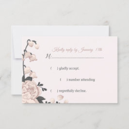 stoffige roze bloemen, knoppen en bladen RSVP kaartje