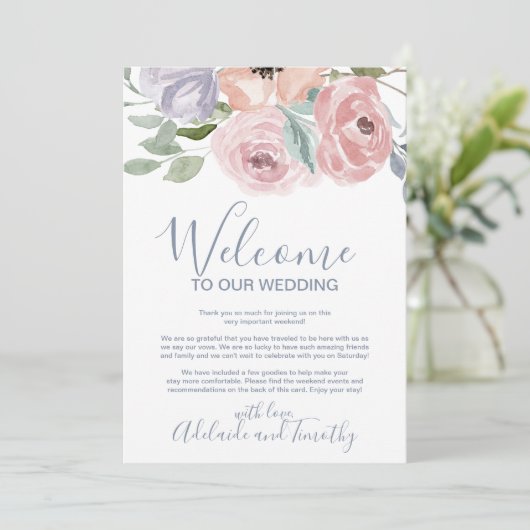 Stoffige Roze Bloemen Welkomstbrief & Reisplan Programmakaart (Staand voorkant)