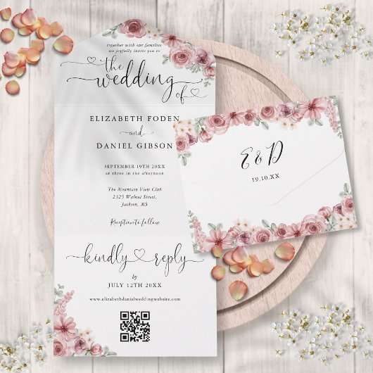 Stoffige Roze Bloemencode QR Script Harten Trouwfe All In One Uitnodiging