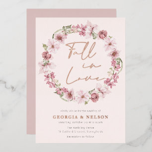 Stoffige Roze Bloemenkrans Fall In love Trouwen Folie Uitnodiging