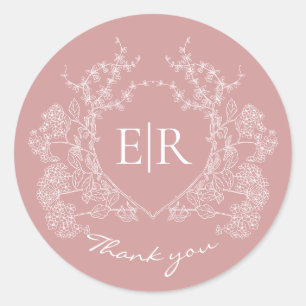 Stoffige Roze Bloemenkroon Monogram Bedankt Trouwf Ronde Sticker