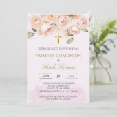 Stoffige roze bloemenspaanse eerste communie kaart (Staand voorkant)