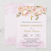Stoffige roze bloemenspaanse eerste communie kaart (Voorkant / Achterkant)