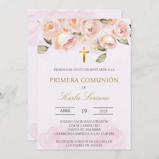 Stoffige roze bloemenspaanse eerste communie kaart (Voorkant / Achterkant)