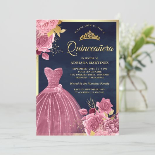 Stoffige roze bloemetjesjurk Navyblauw Gouden Quin Kaart (Staand voorkant)