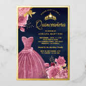 Stoffige roze bloemetjesjurk Navyblauwe Quinceaner Folie Uitnodiging (Voorkant)