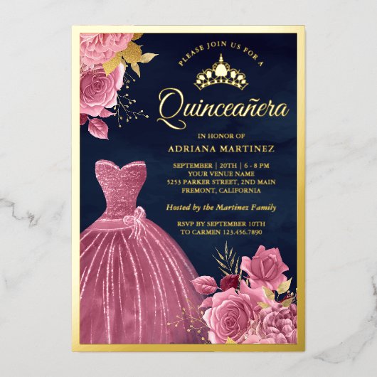 Stoffige roze bloemetjesjurk Navyblauwe Quinceaner Folie Uitnodiging (Voorkant)