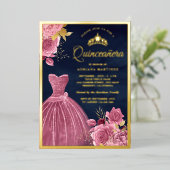 Stoffige roze bloemetjesjurk Navyblauwe Quinceaner Folie Uitnodiging (Staand Voorkant)