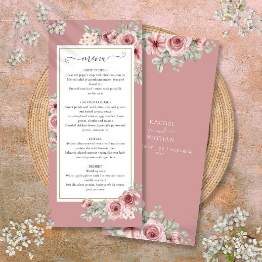 Stoffige Roze Bloemige Botanische Trouwdiner Menu