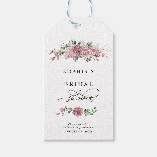 Stoffige Roze Bloemige Bruidsdouche Cadeaulabel (Voorkant)